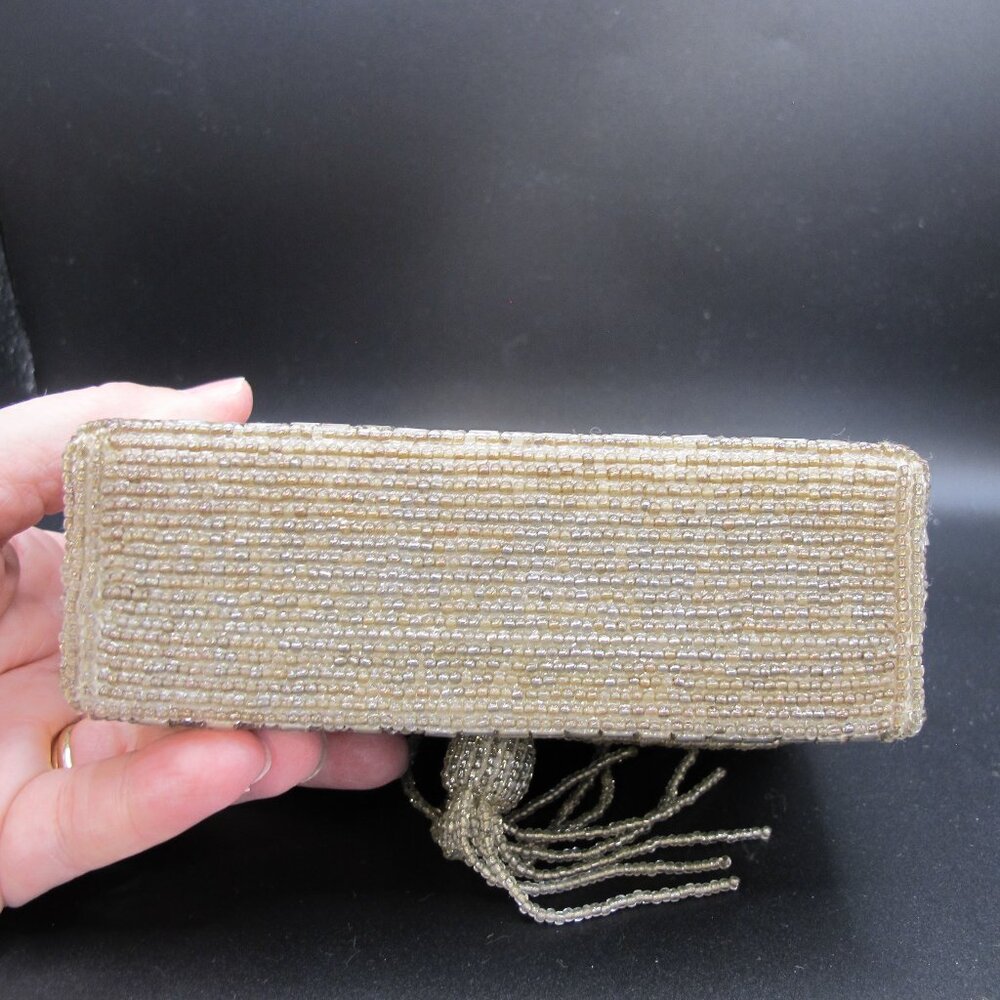 Rectangular Silver Beaded Clutch With Bead Tassel… - image 5